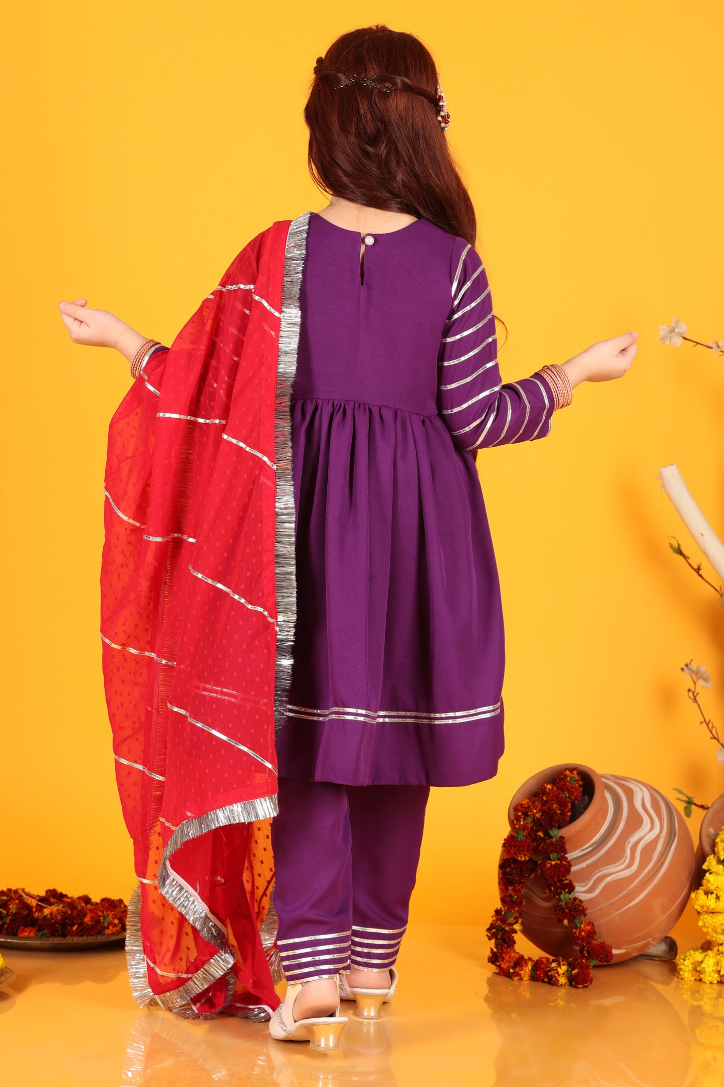 Jilmil Girls  Violet  Dress with pant & Dupatta (set of 3)