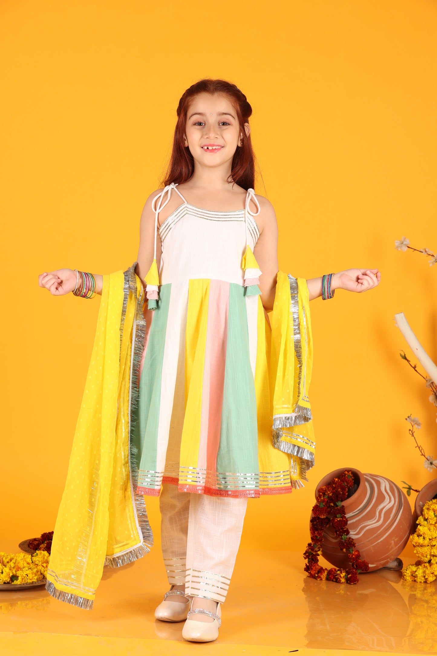 Jilmil Girls White Multicolor Cotton Dress with pant & Dupatta (set of 3)