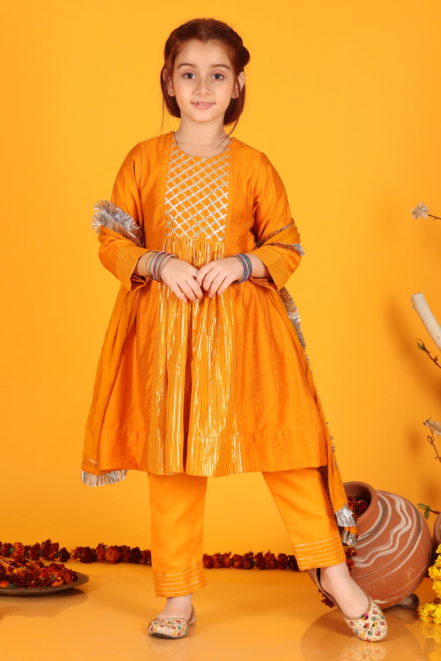 Jilmil Girls Anarkali Neon Orange Silk Dress with Pant & Dupatta (set of 3)