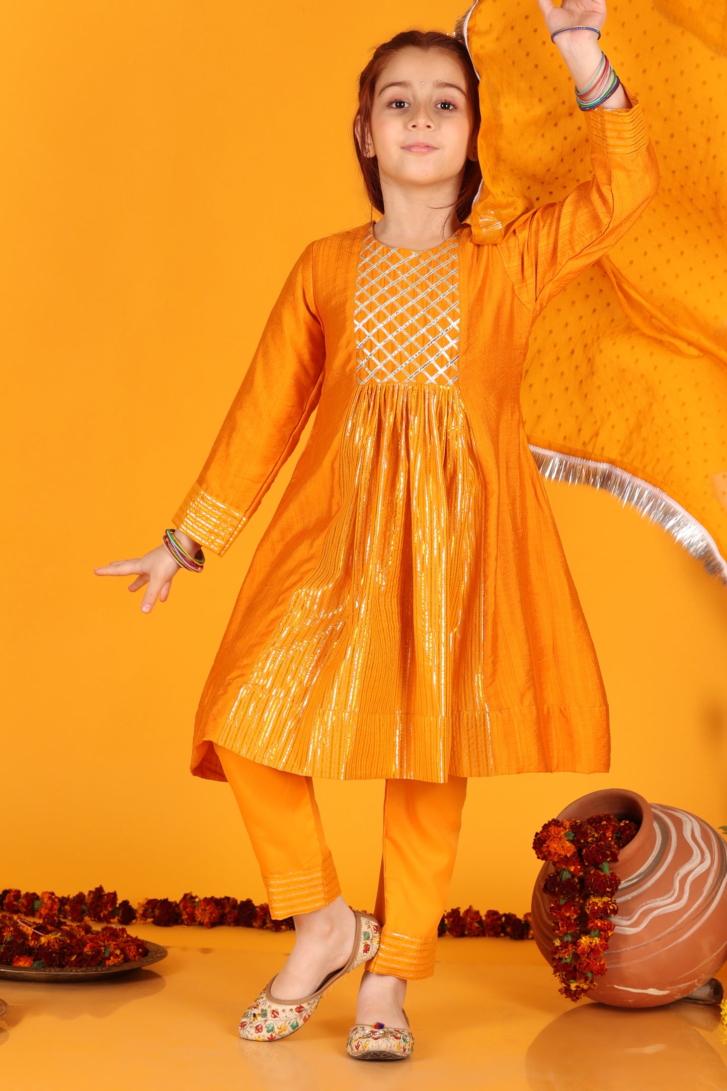 Jilmil Girls Anarkali Neon Orange Silk Dress with Pant & Dupatta (set of 3)