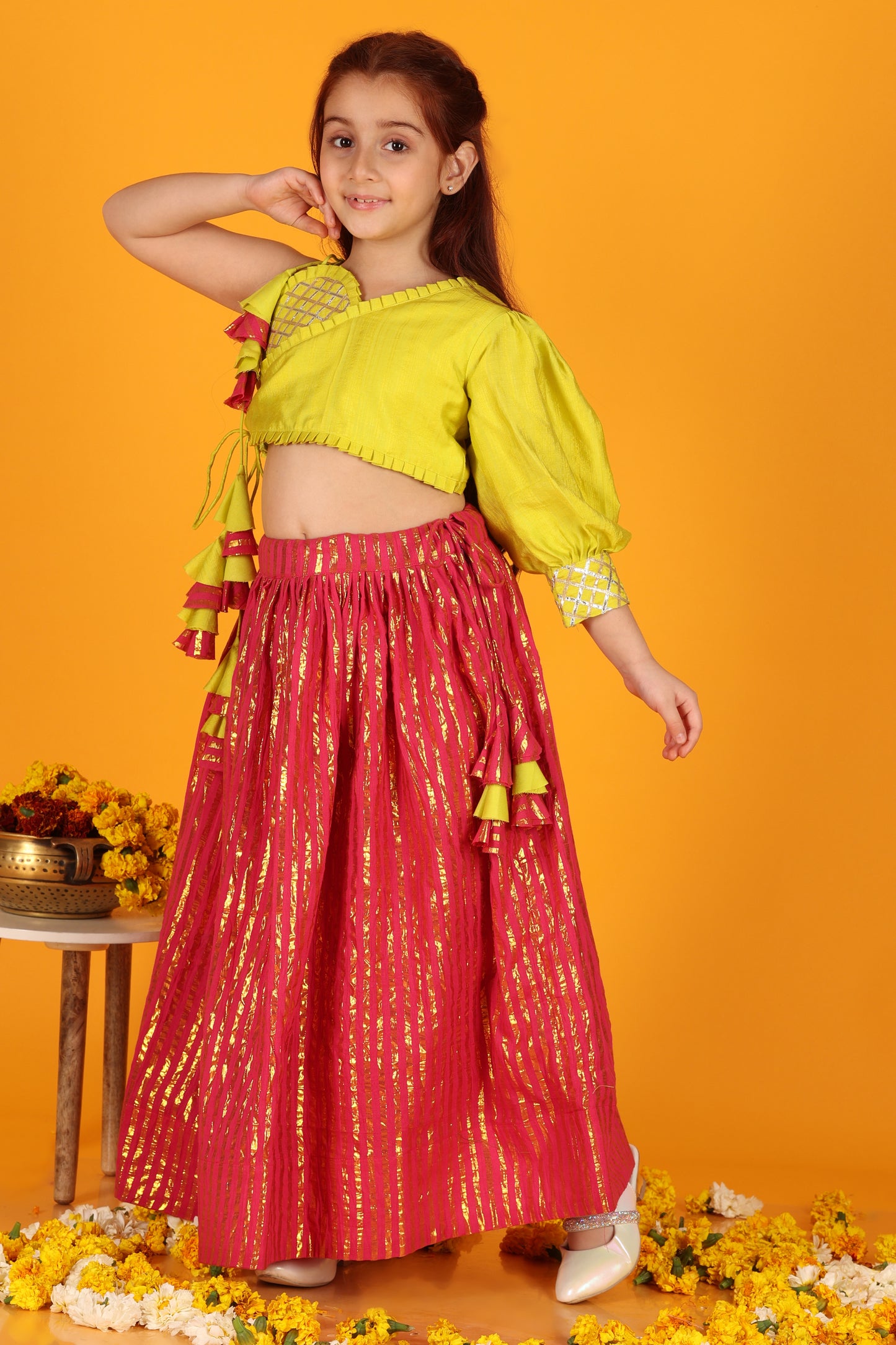 Jilmil Girls Gota Work Neon Yellow Top And Elegant Tassels Embellished Flared Lehenga (set of 2)