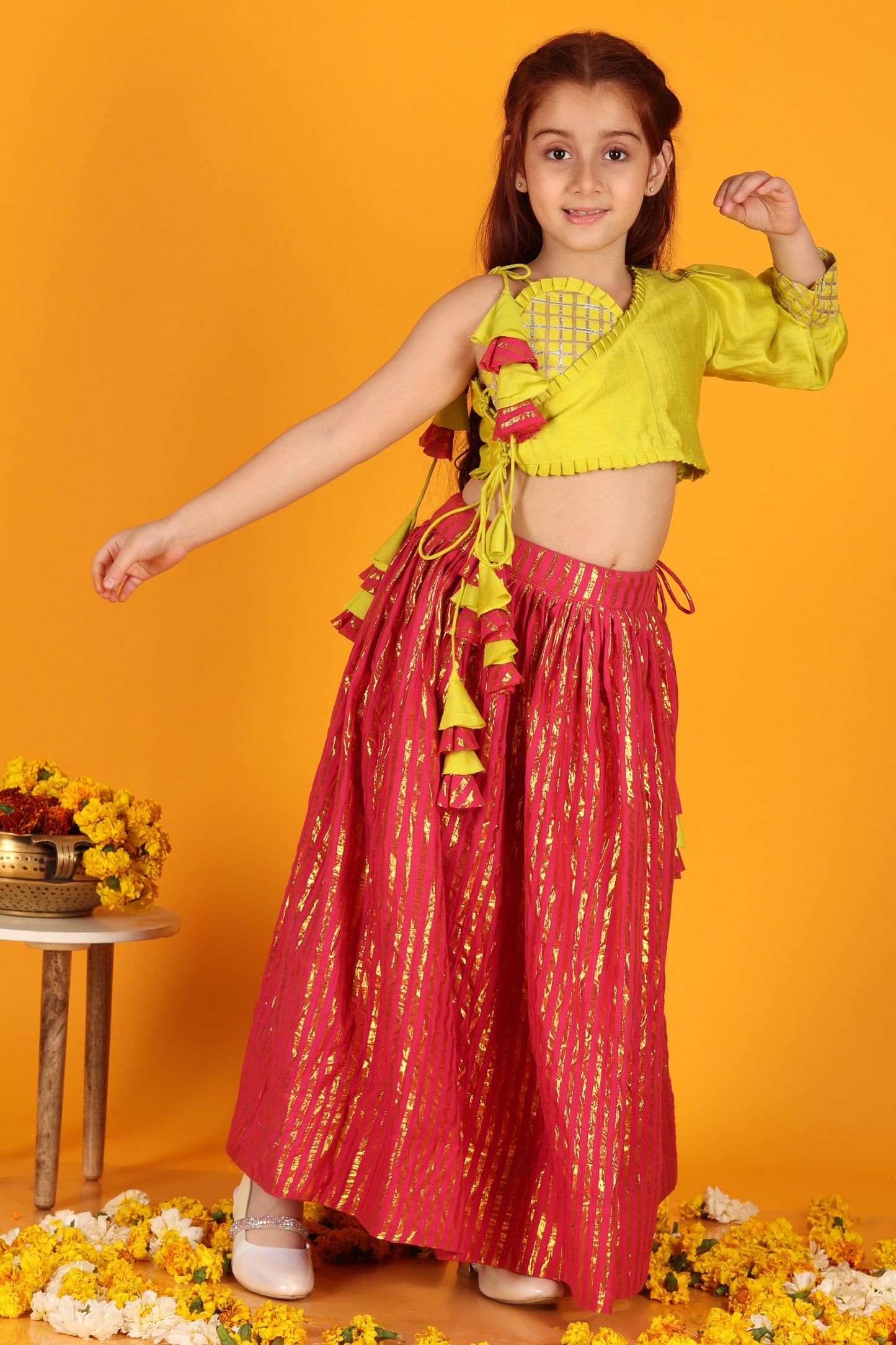 Jilmil Girls Gota Work Neon Yellow Top And Elegant Tassels Embellished Flared Lehenga (set of 2)