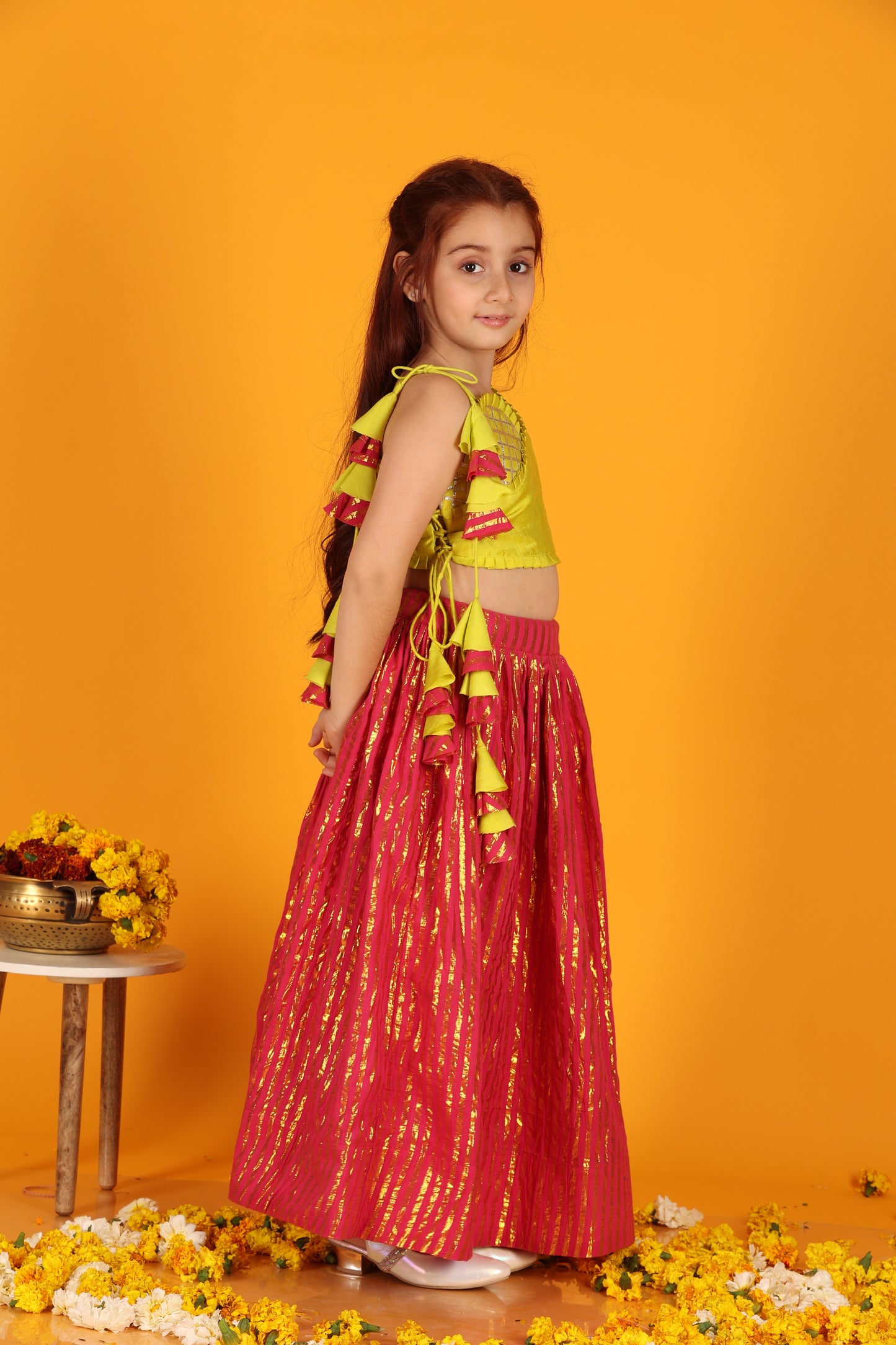 Jilmil Girls Gota Work Neon Yellow Top And Elegant Tassels Embellished Flared Lehenga (set of 2)