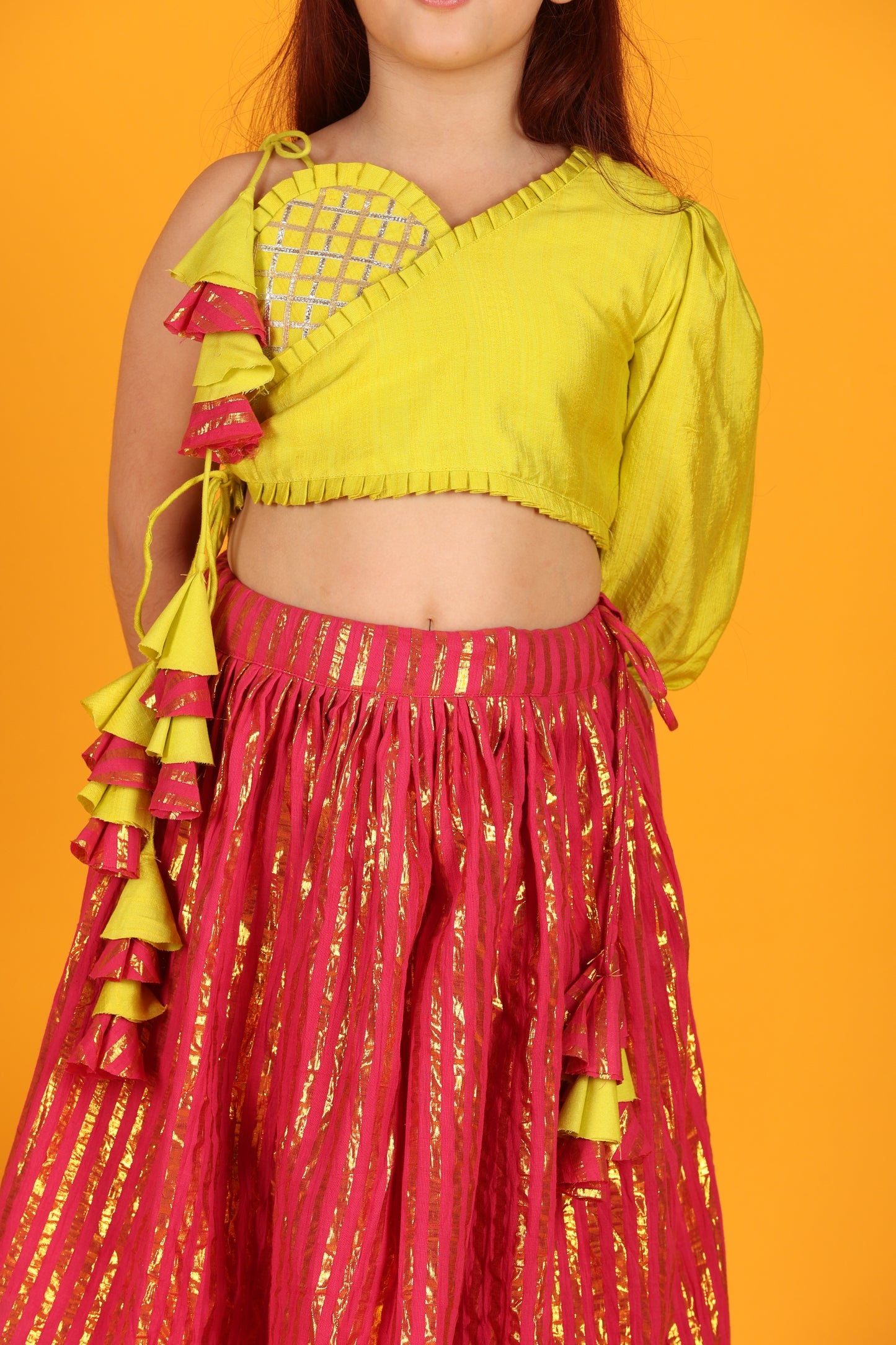 Jilmil Girls Gota Work Neon Yellow Top And Elegant Tassels Embellished Flared Lehenga (set of 2)