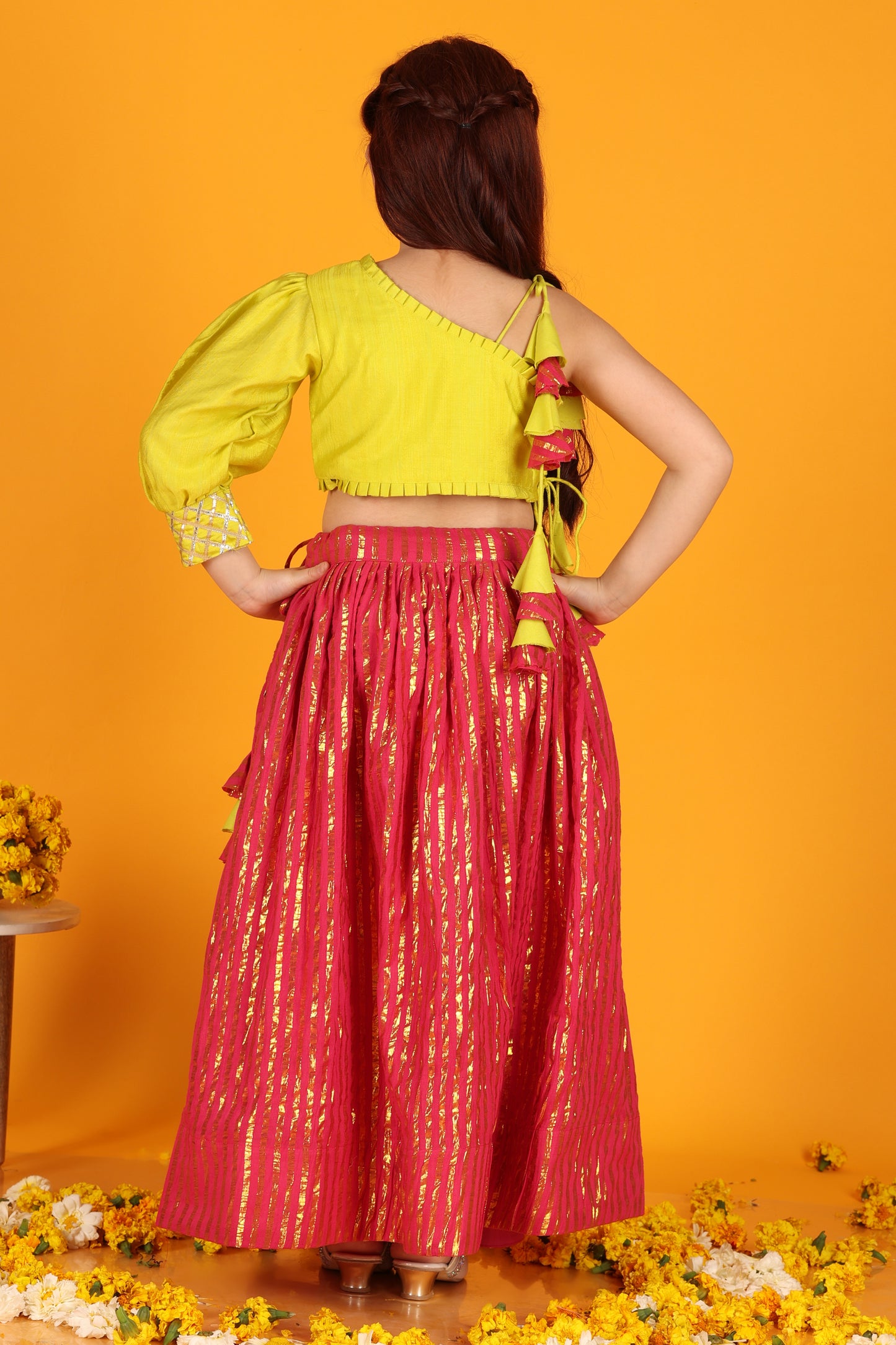 Jilmil Girls Gota Work Neon Yellow Top And Elegant Tassels Embellished Flared Lehenga (set of 2)