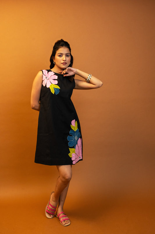 Camellia Black Handcrafted Cotton Dress