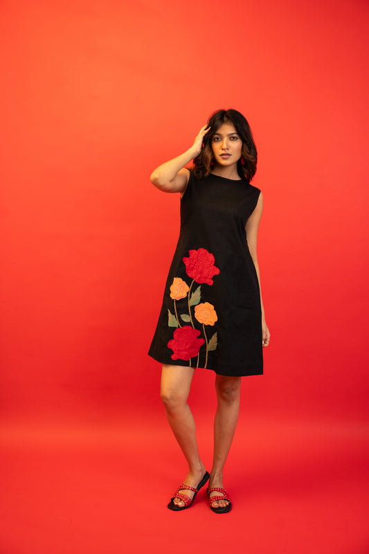 Rose Black Handcrafted Cotton Dress