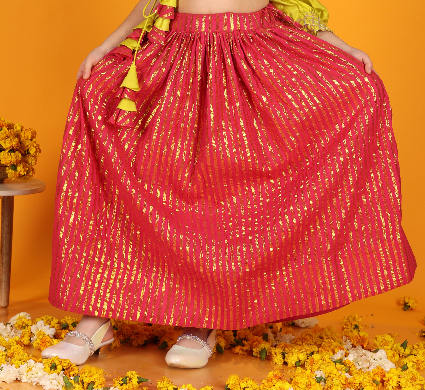 Jilmil Girls Gota Work Neon Yellow Top And Elegant Tassels Embellished Flared Lehenga (set of 2)