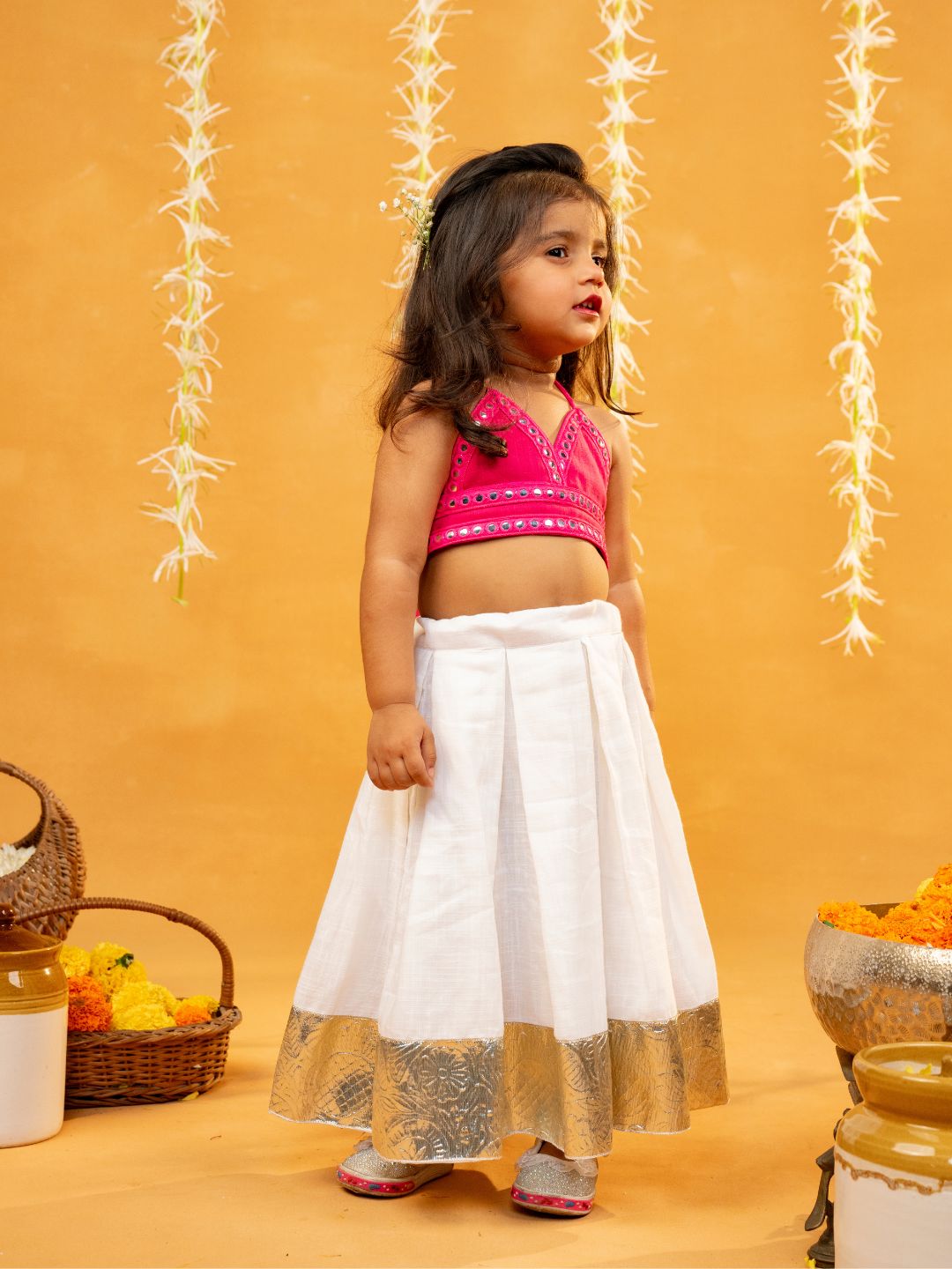 Jilmil Girls Mirror emblished Rani Pink top with White cotton Lehenga (set of 2)