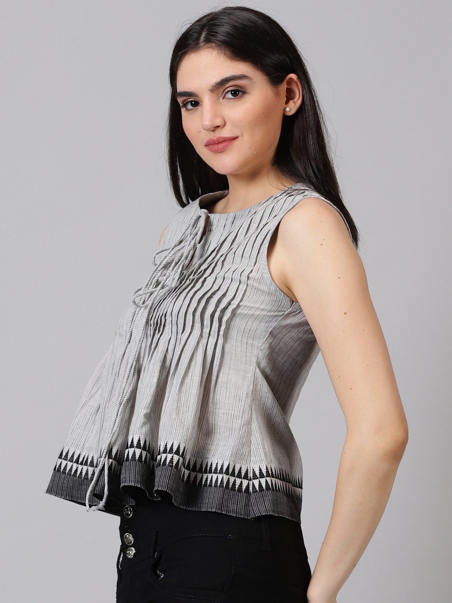 Grey Tie-Up Neck Cotton Peplum Top