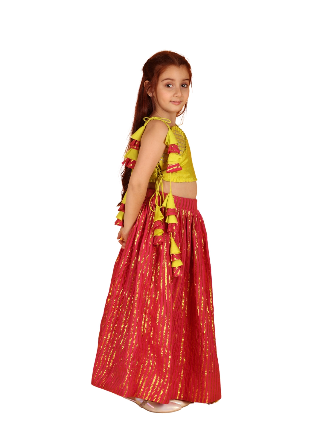 Jilmil Girls Gota Work Neon Yellow Top And Elegant Tassels Embellished Flared Lehenga (set of 2)