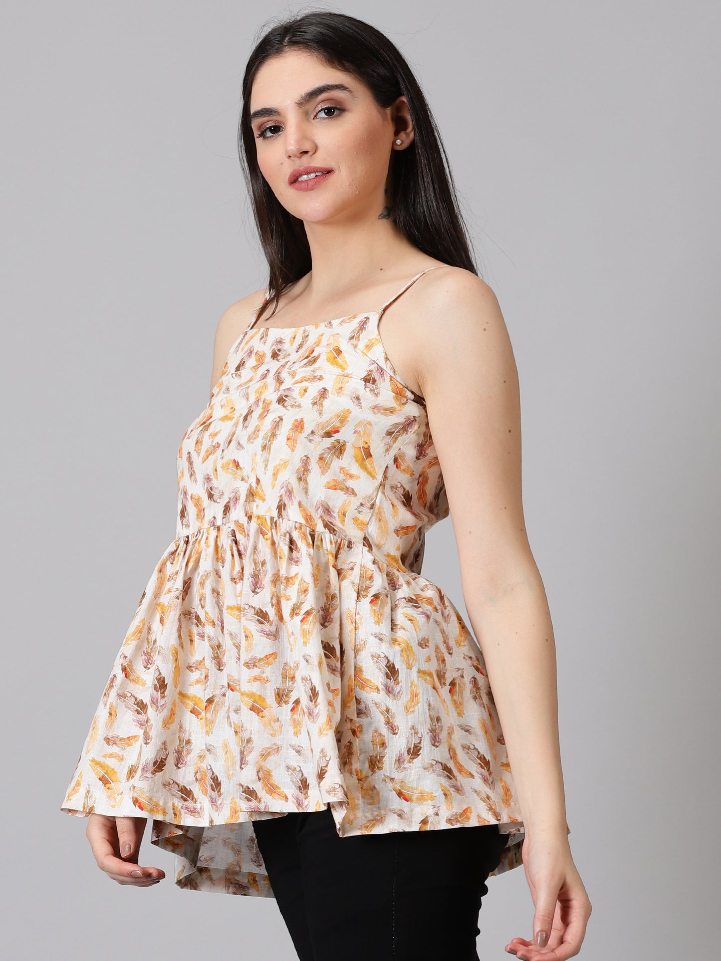 Beige Sleeveless Floral cotton Top