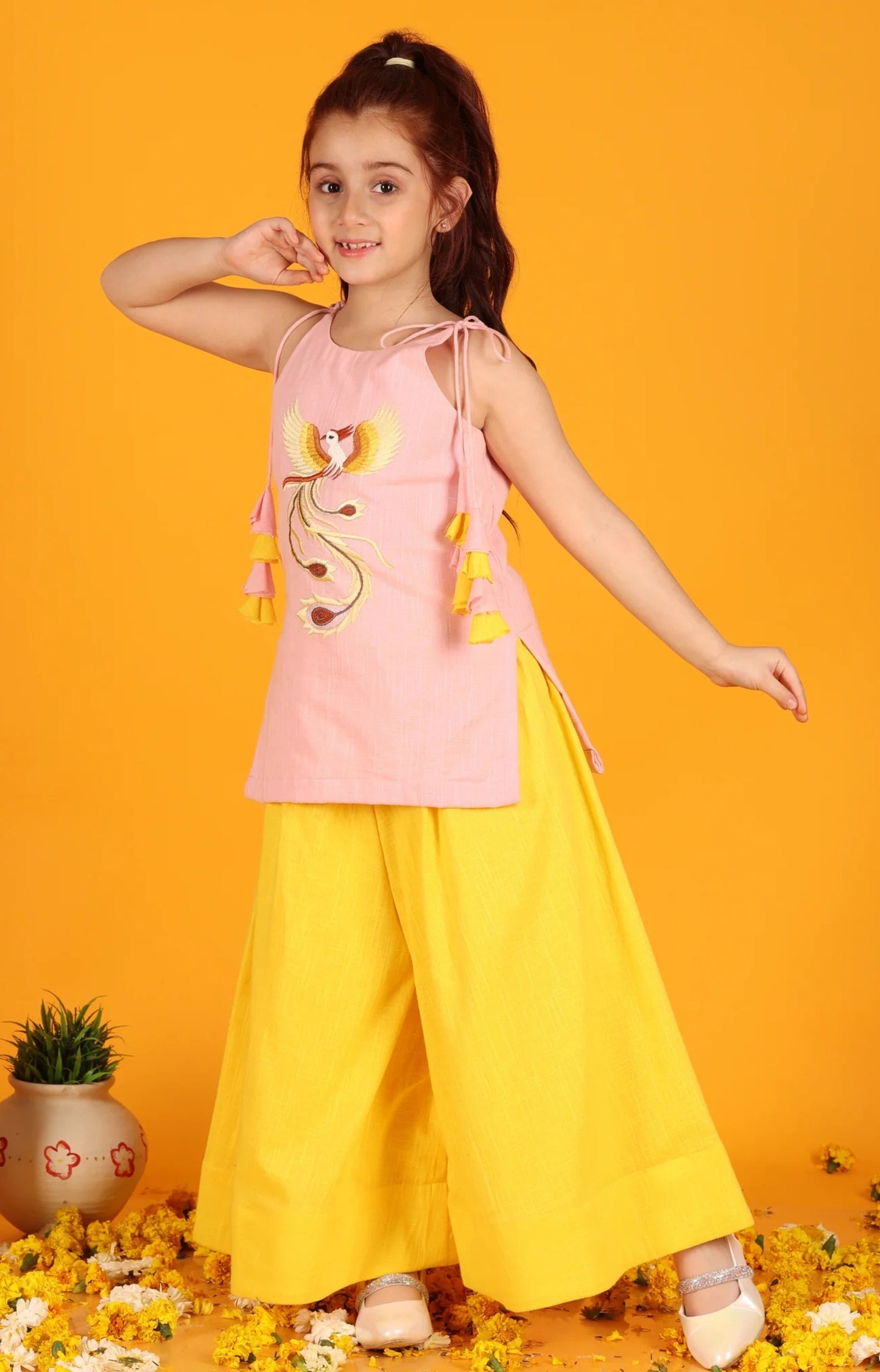 Jilmil Girls Phoenix Embroidered Pink Cotton Kurta with Yellow Sharara (set of 2)