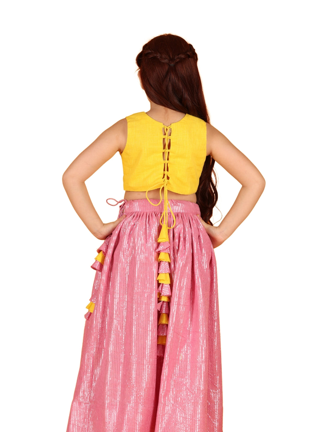 Jilmil Girls Yellow Stars Embroidered cotton crop top with Pink lehenga (set of 2)