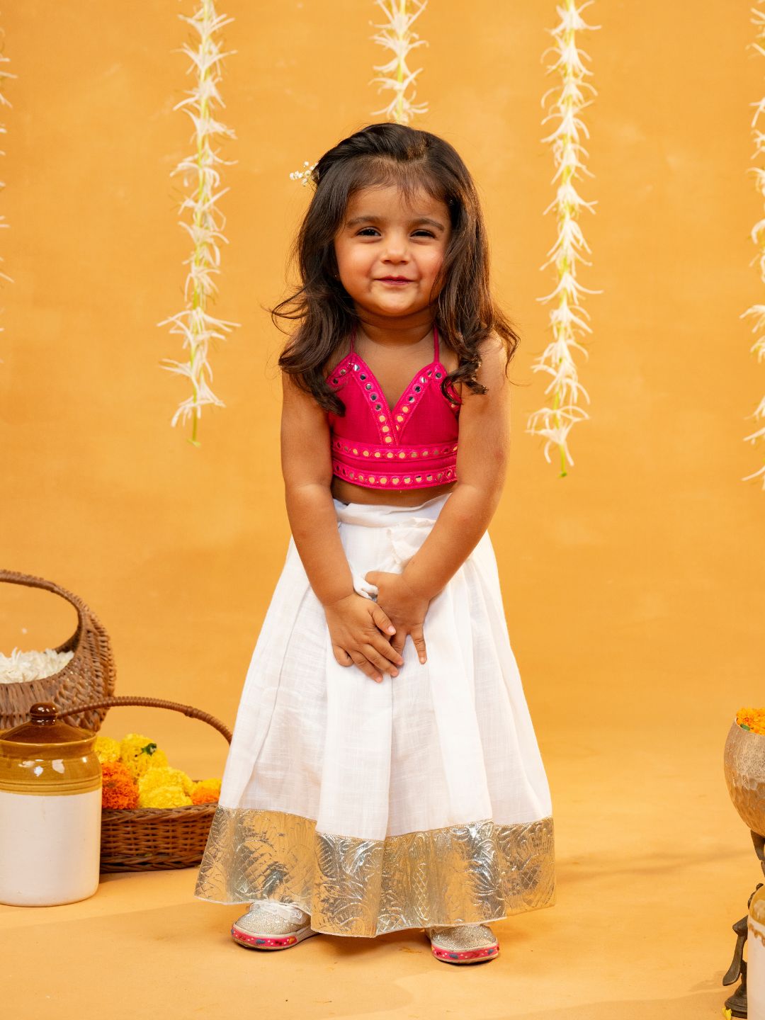 Jilmil Girls Mirror emblished Rani Pink top with White cotton Lehenga (set of 2)
