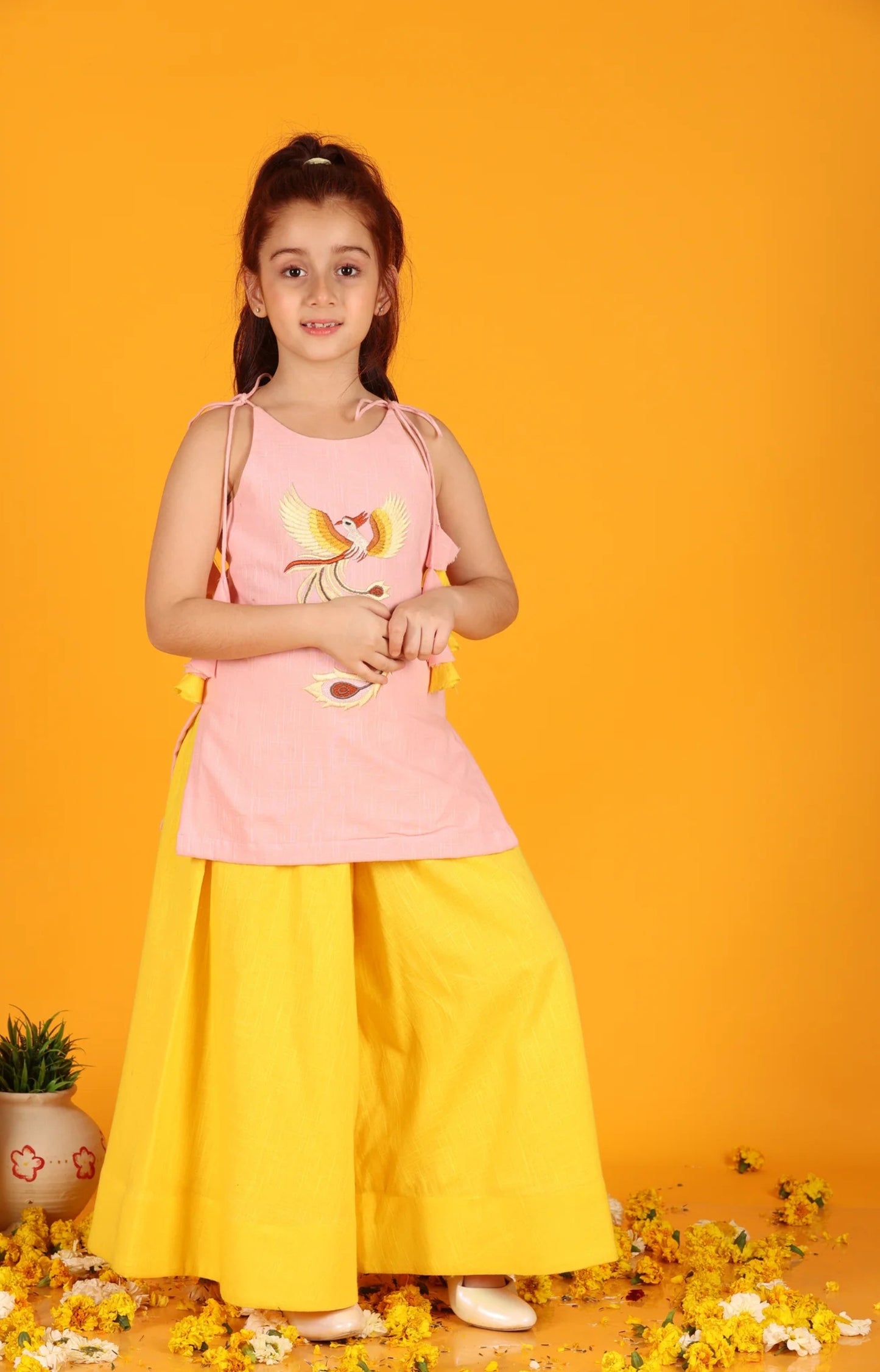 Jilmil Girls Phoenix Embroidered Pink Cotton Kurta with Yellow Sharara (set of 2)