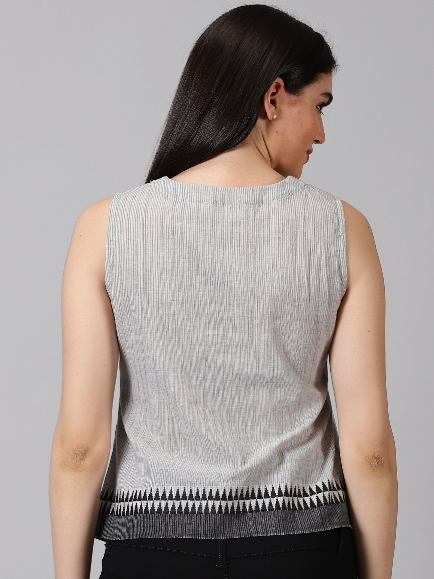 Grey Tie-Up Neck Cotton Peplum Top