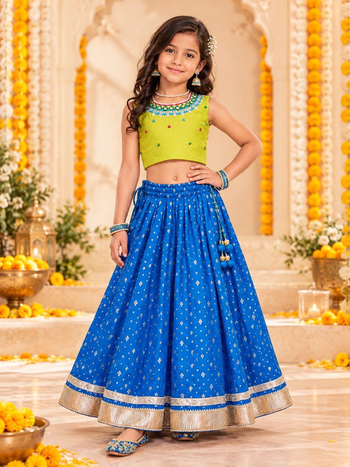 Girls Royal Blue Lehenga with Lime Green Blouse (Set of 2)
