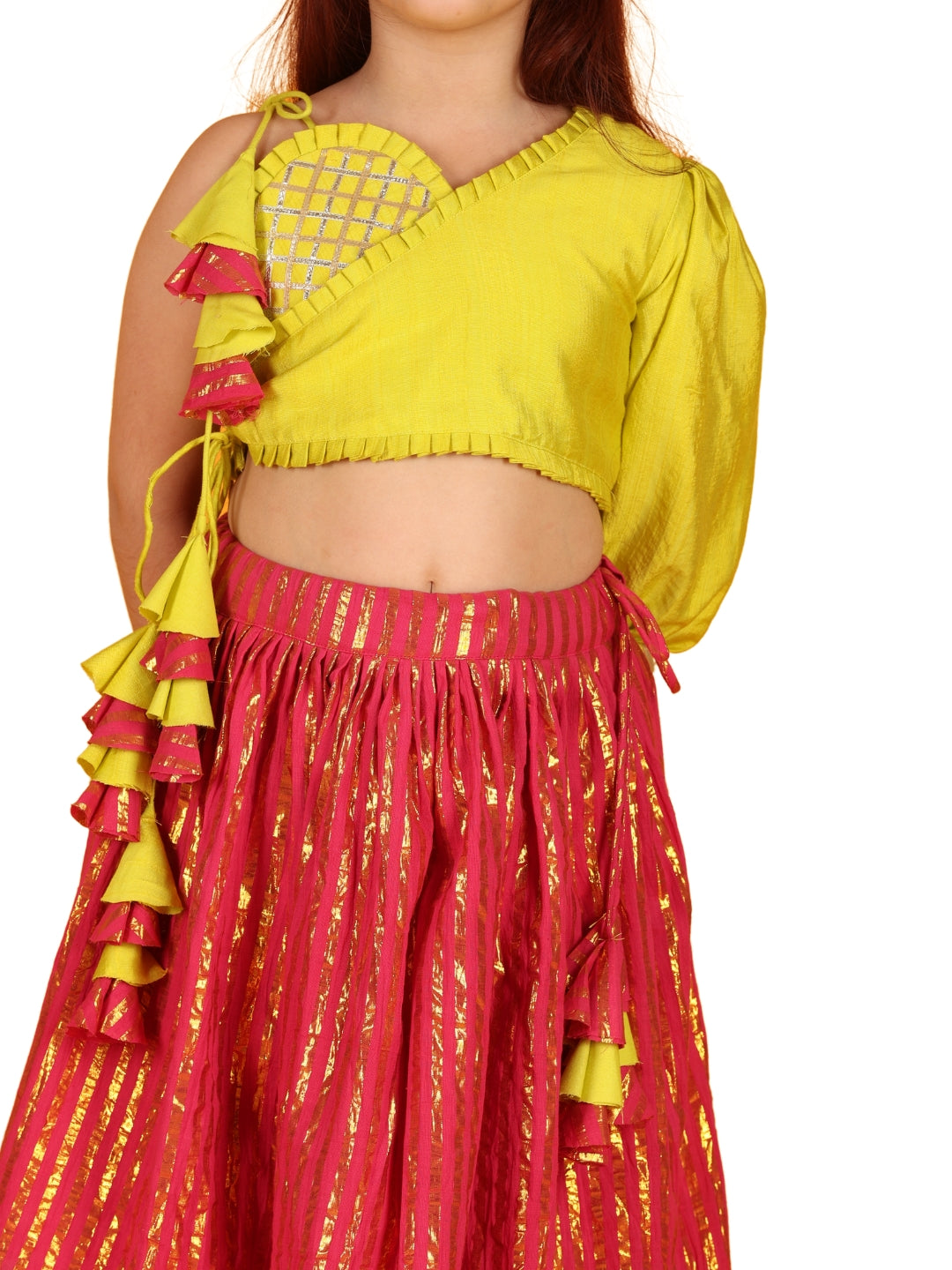 Jilmil Girls Gota Work Neon Yellow Top And Elegant Tassels Embellished Flared Lehenga (set of 2)