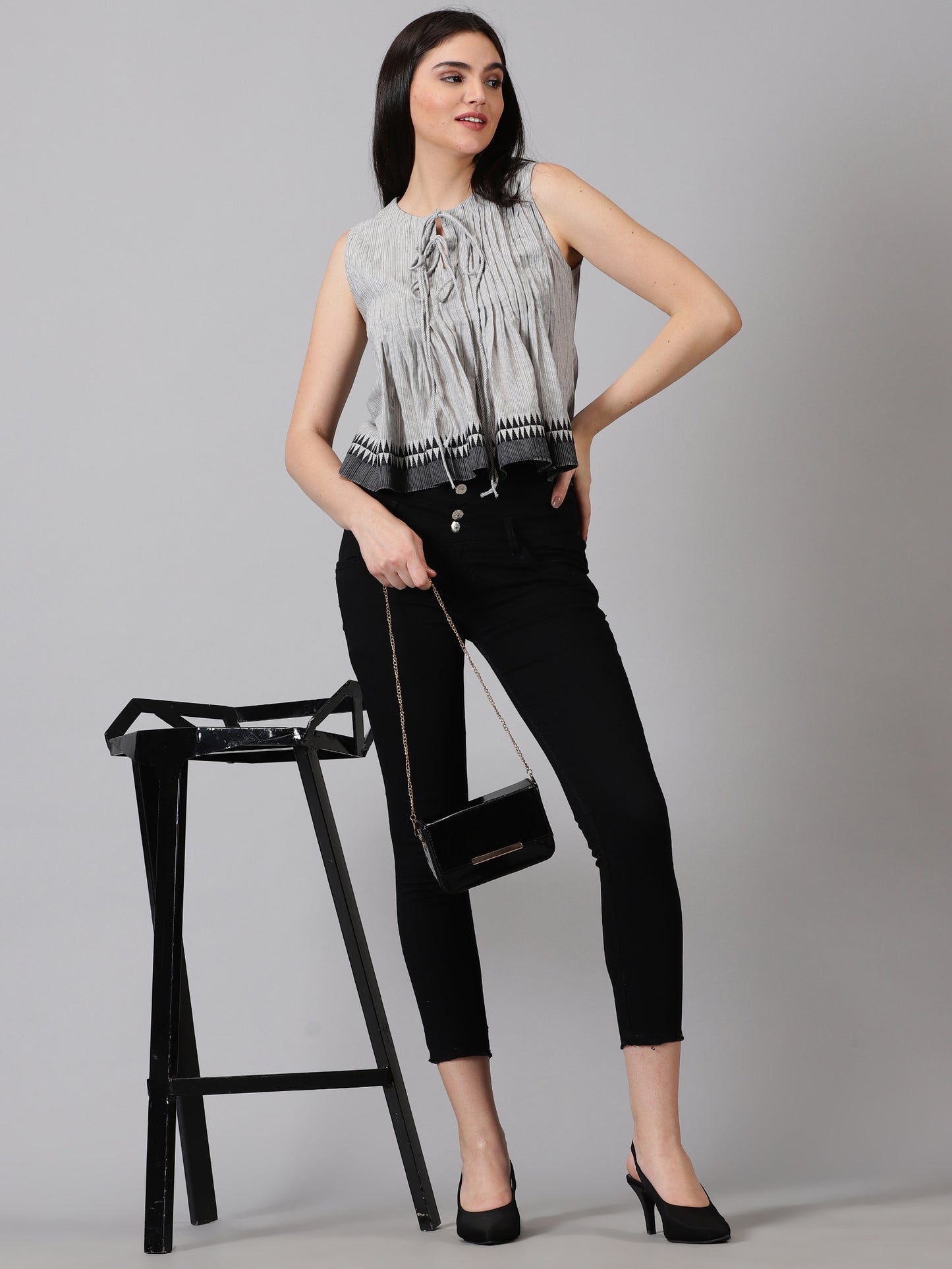 Grey Tie-Up Neck Cotton Peplum Top