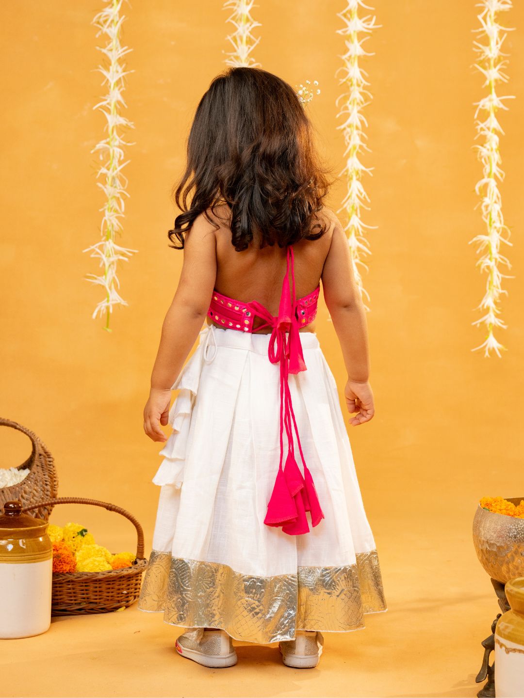 Jilmil Girls Mirror emblished Rani Pink top with White cotton Lehenga (set of 2)