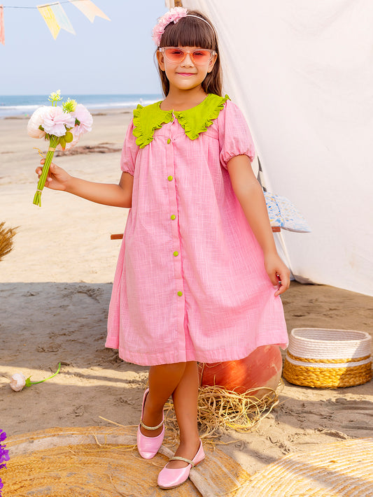 Girls Green Collar Pink Dress