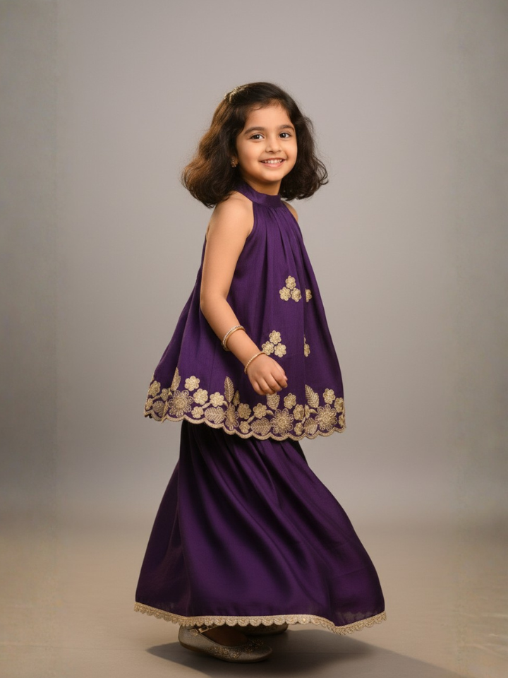 Girls Embroidered Purple Flared Top and Palazzo (Set of 2)