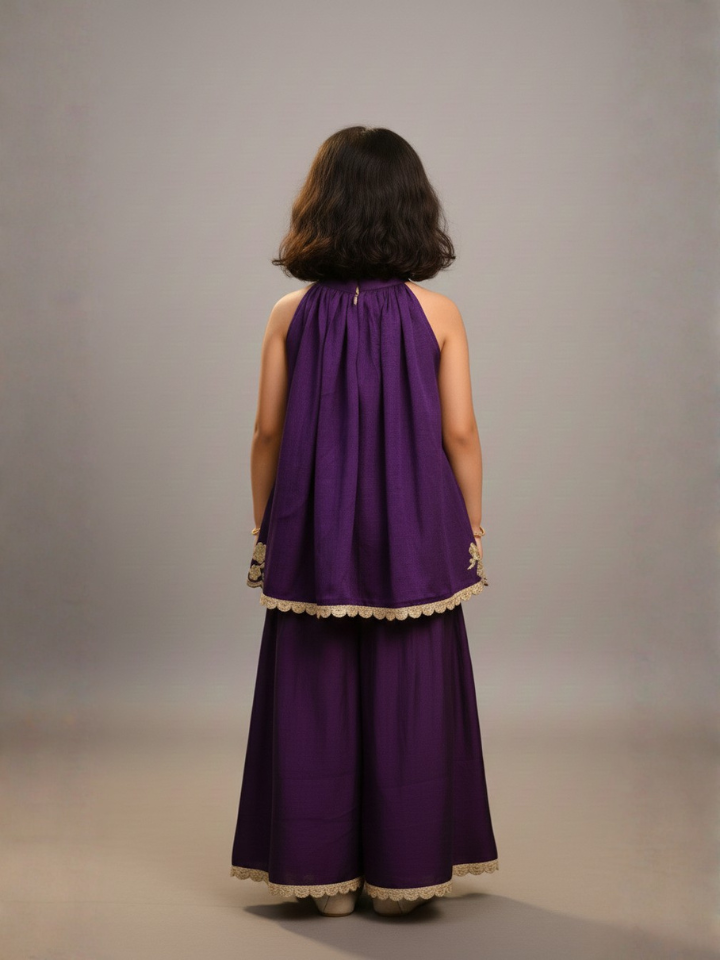Girls Embroidered Purple Flared Top and Palazzo (Set of 2)