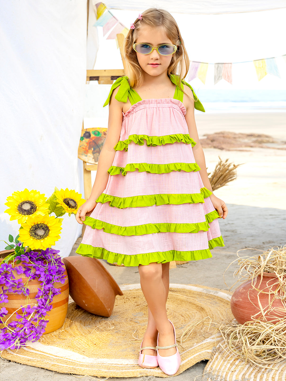 Girls Ruffled Pink and Green Cotton Dress