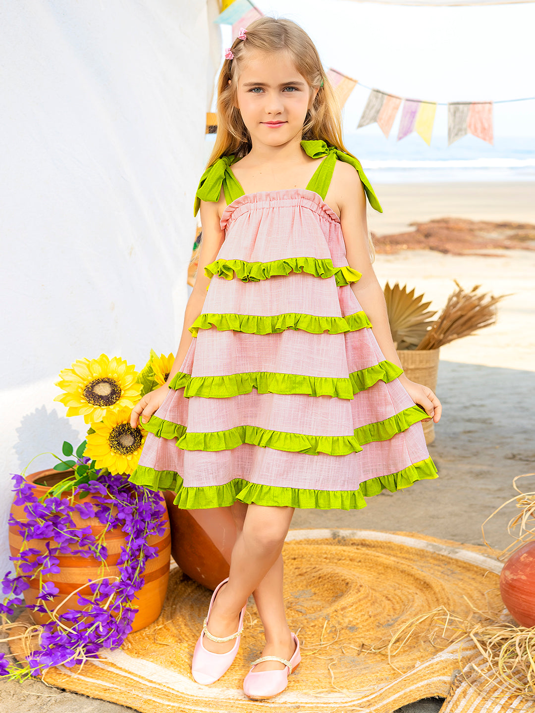 Girls Ruffled Pink and Green Cotton Dress