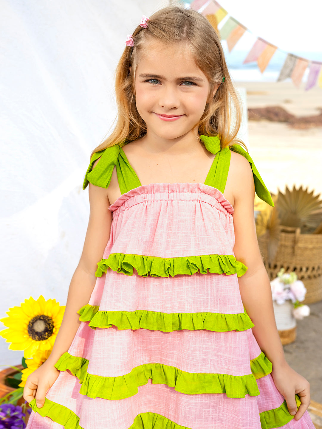 Girls Ruffled Pink and Green Cotton Dress