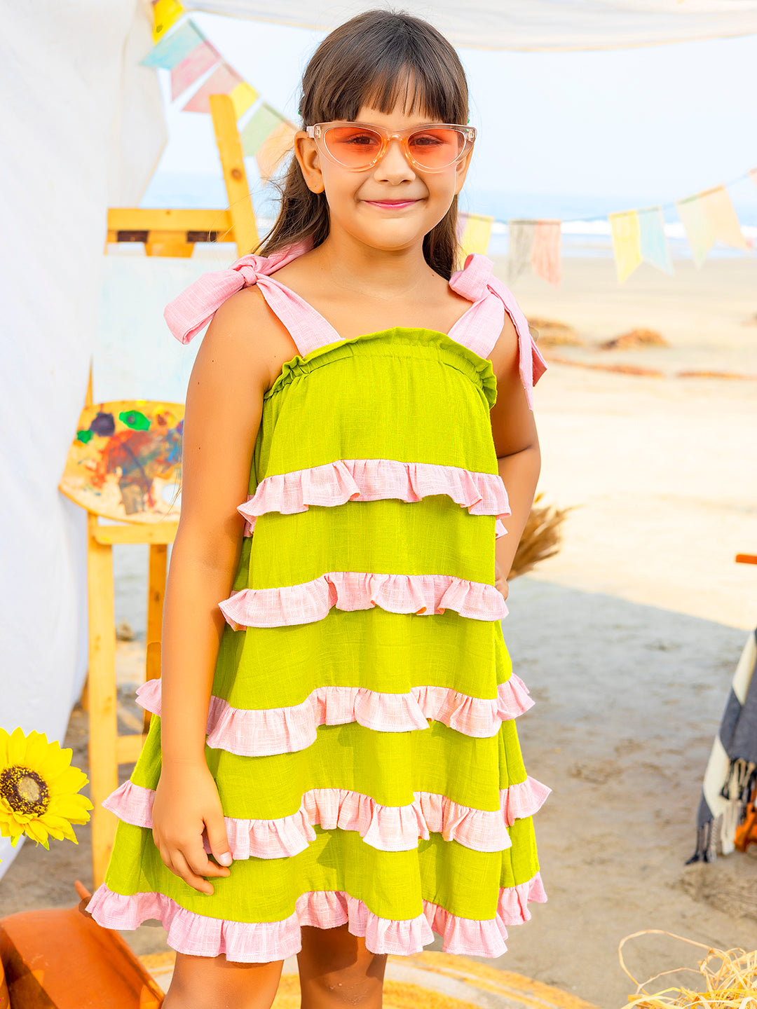 Girls Ruffled Green and Pink Cotton Dress