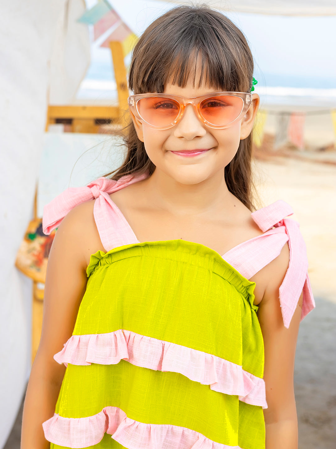 Girls Ruffled Green and Pink Cotton Dress