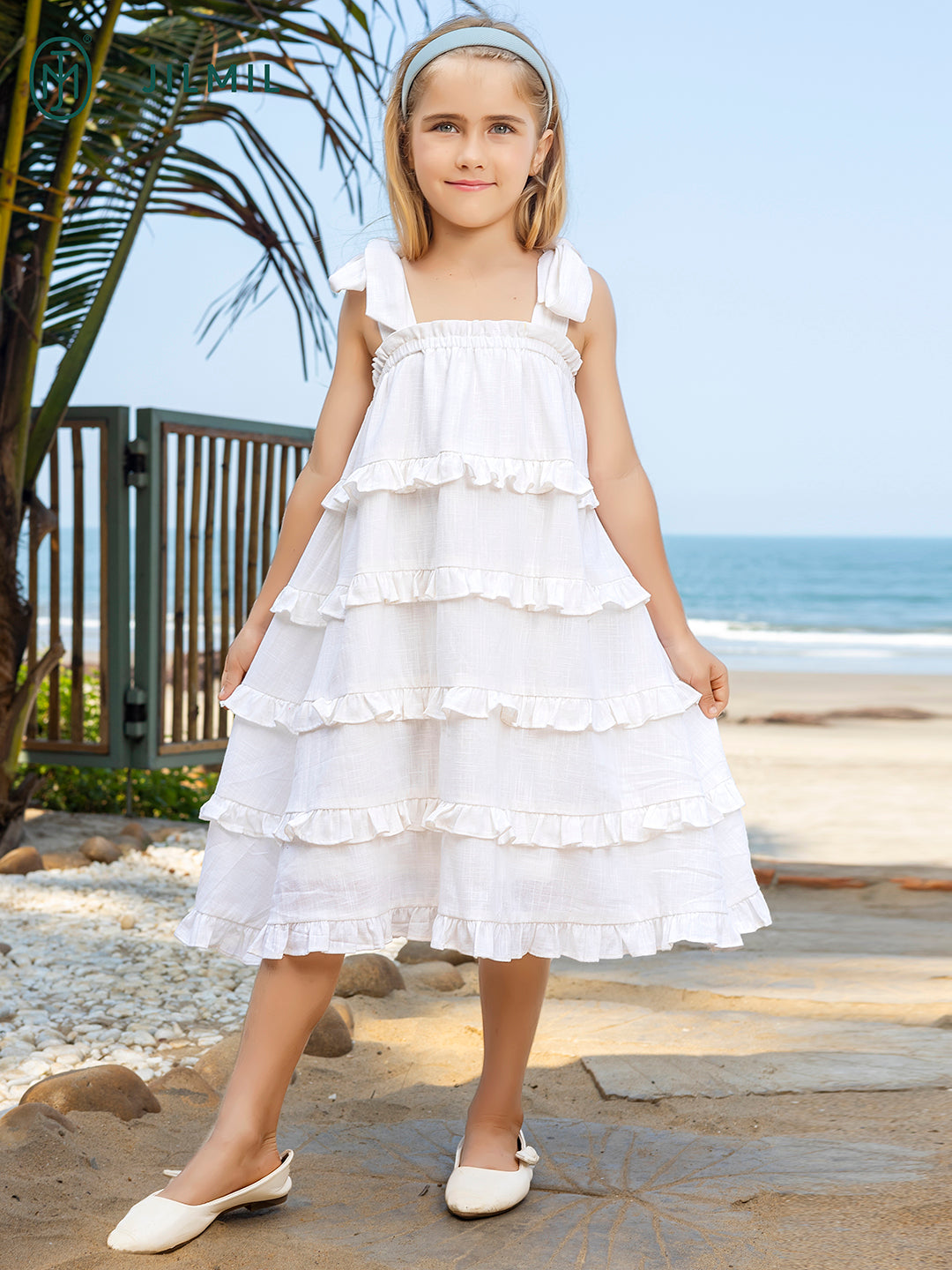 Girls Ruffled White Cotton Dress