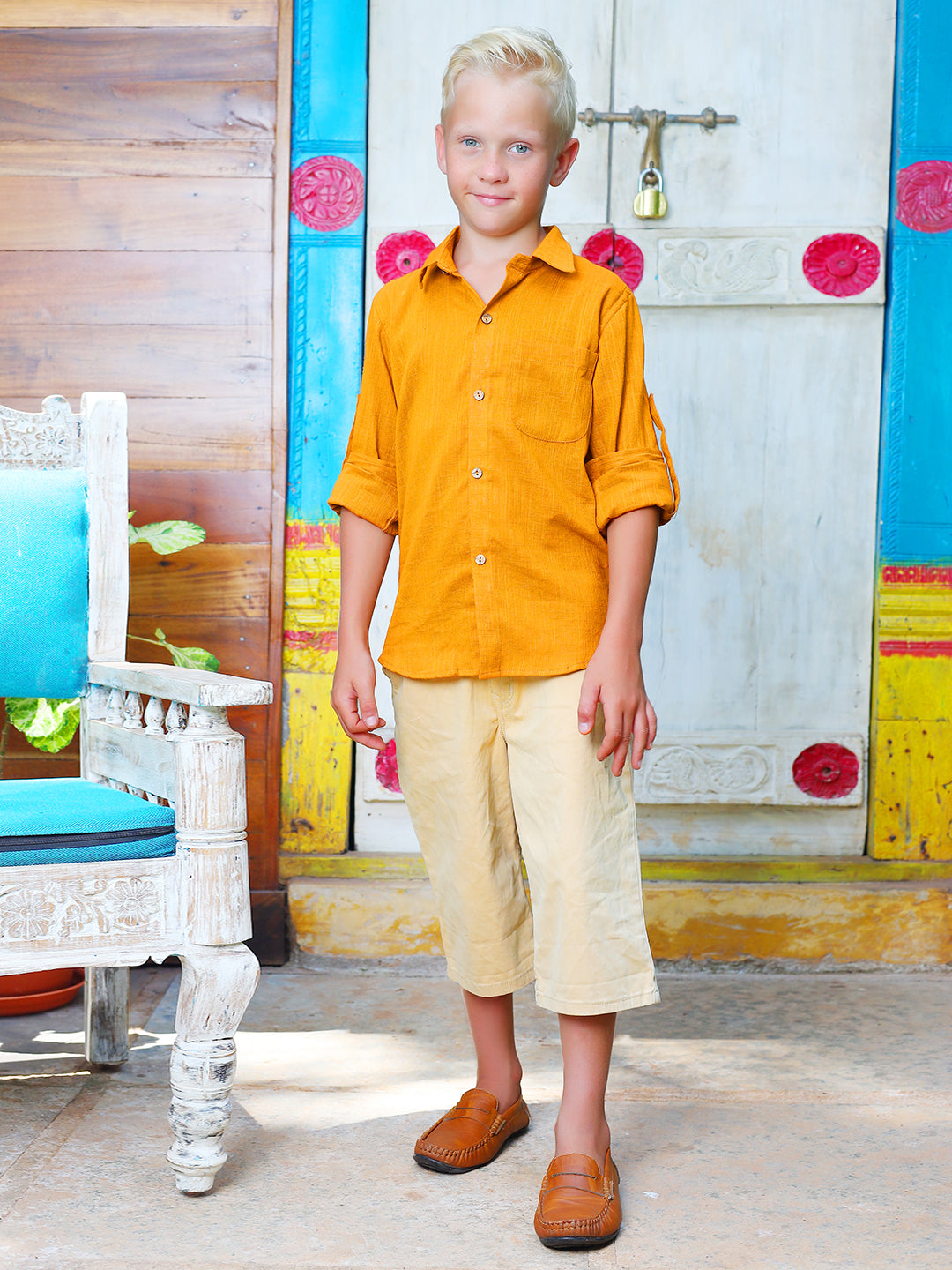 Boys Ochre Rolled Up Cotton Shirt