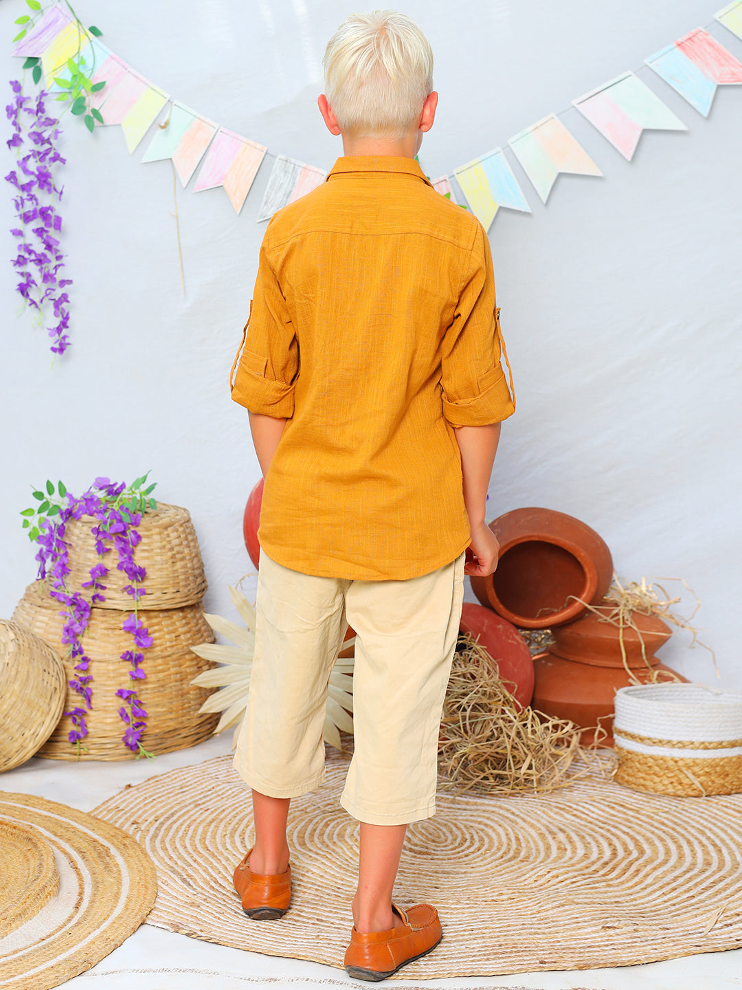 Boys Ochre Rolled Up Cotton Shirt