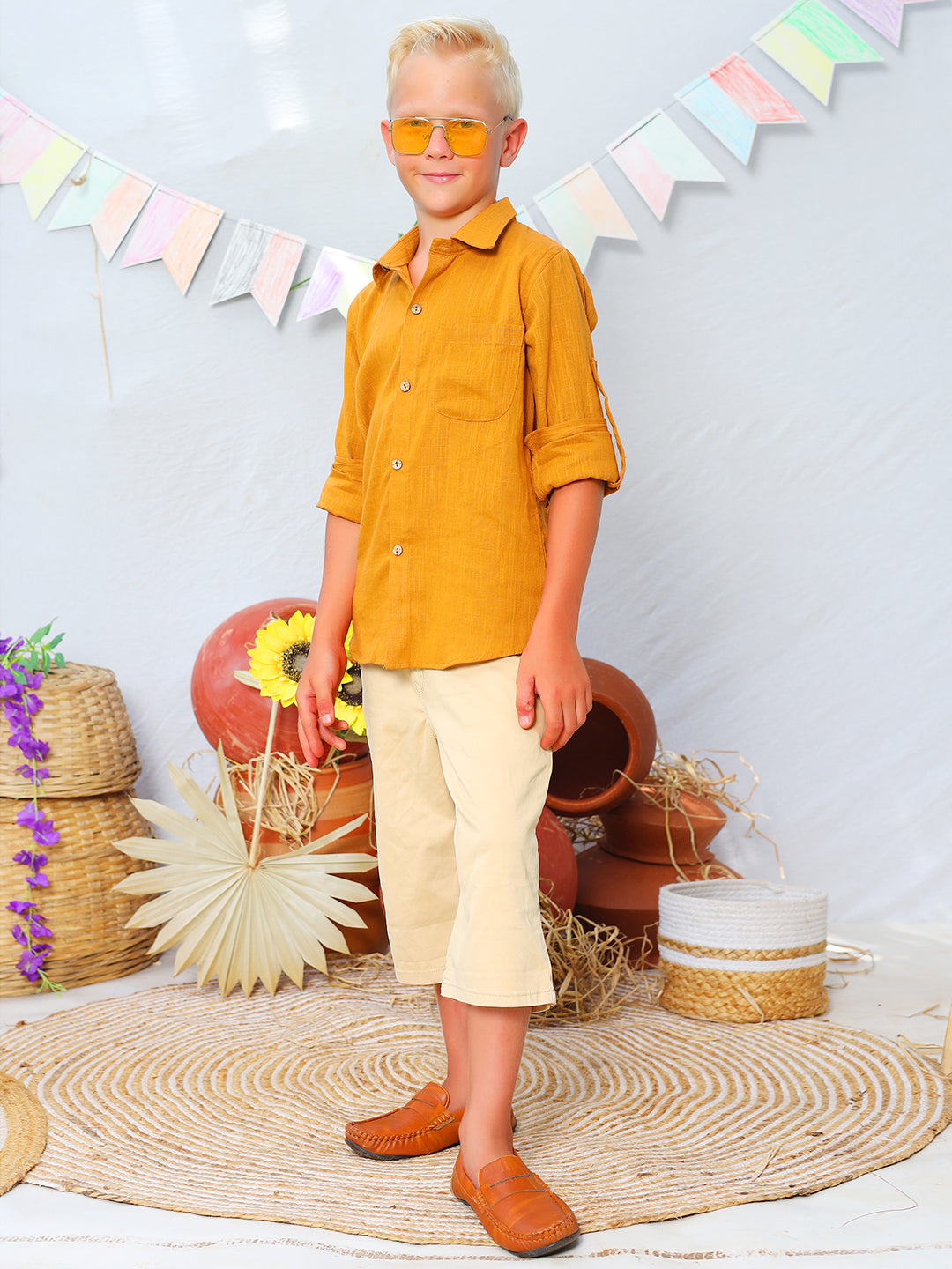 Boys Ochre Rolled Up Cotton Shirt