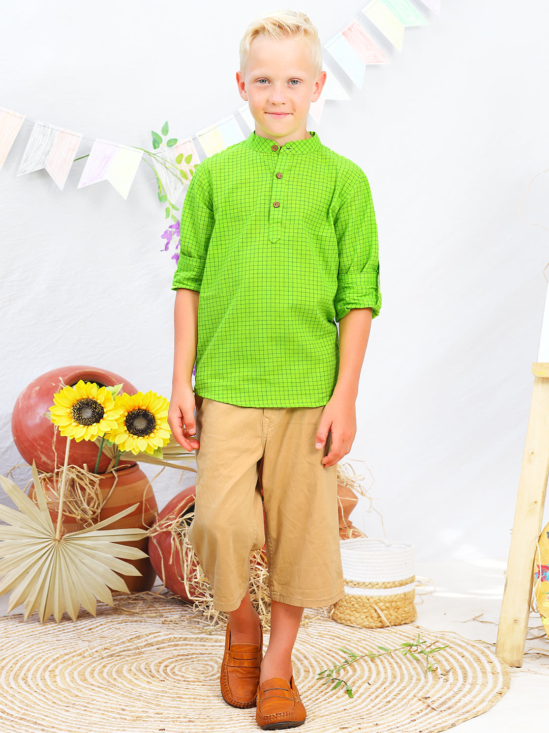 Boys Green Checks Cotton Shirt