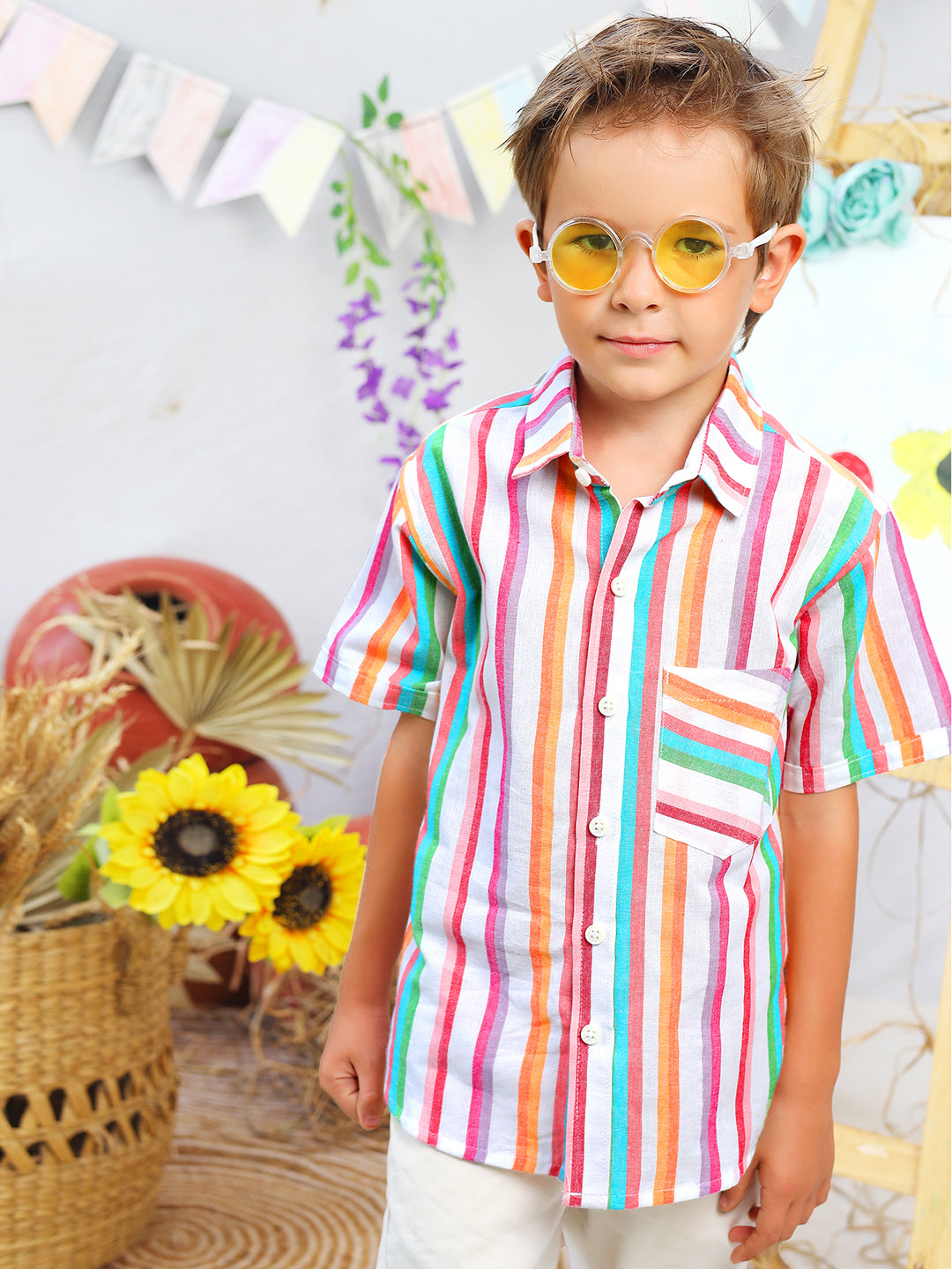 Boys Pink Stripes Half Sleeve Cotton Shirt