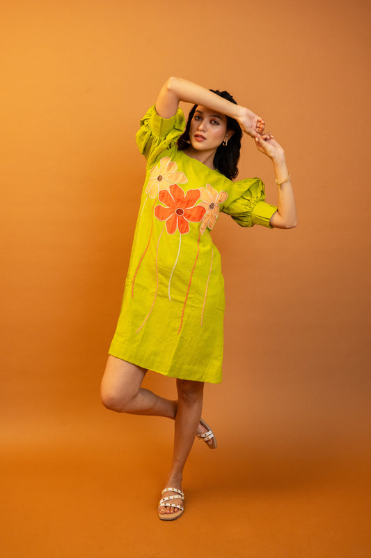 Plumeria Green Handcrafted Cotton Dress