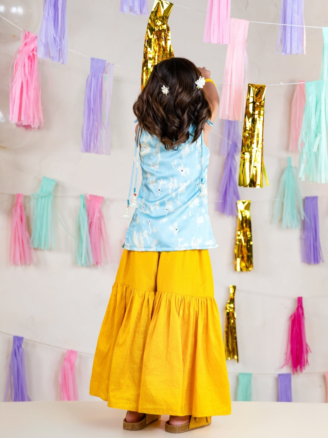 Blue Satin Shoulder Strap Kurti with Sharara Pant (Set of 2)