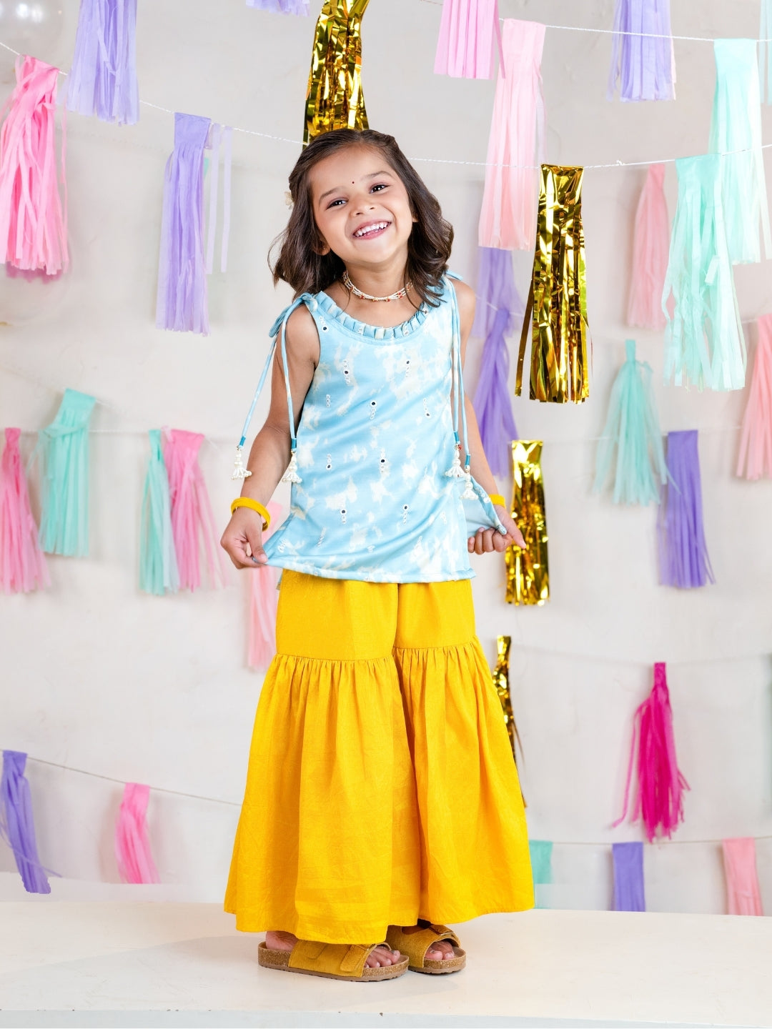Boys Sky Blue Kurta with Girls Sharara Suit Set