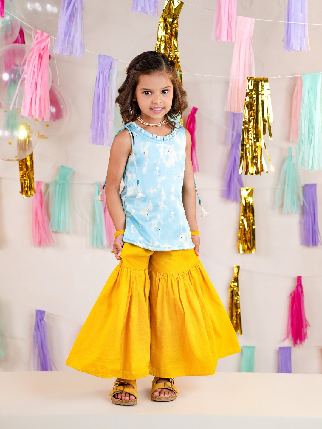 Boys Sky Blue Kurta with Girls Sharara Suit Set