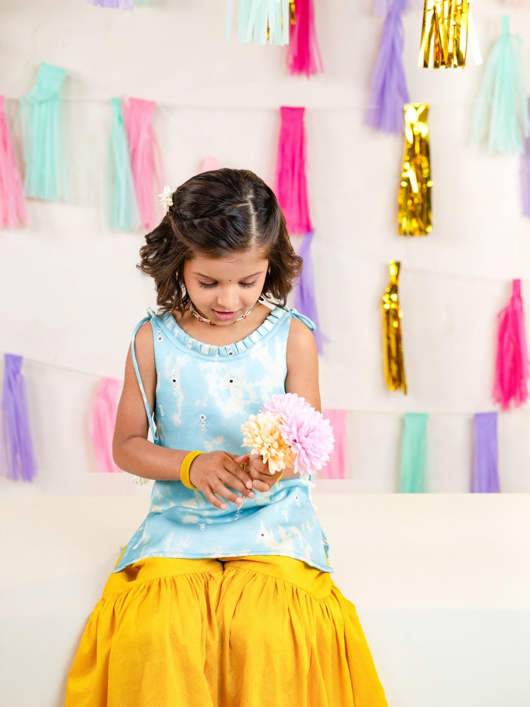 Boys Sky Blue Kurta with Girls Sharara Suit Set