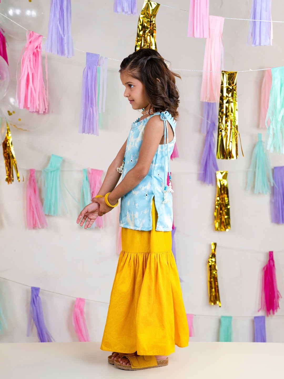 Blue Satin Shoulder Strap Kurti with Sharara Pant (Set of 2)