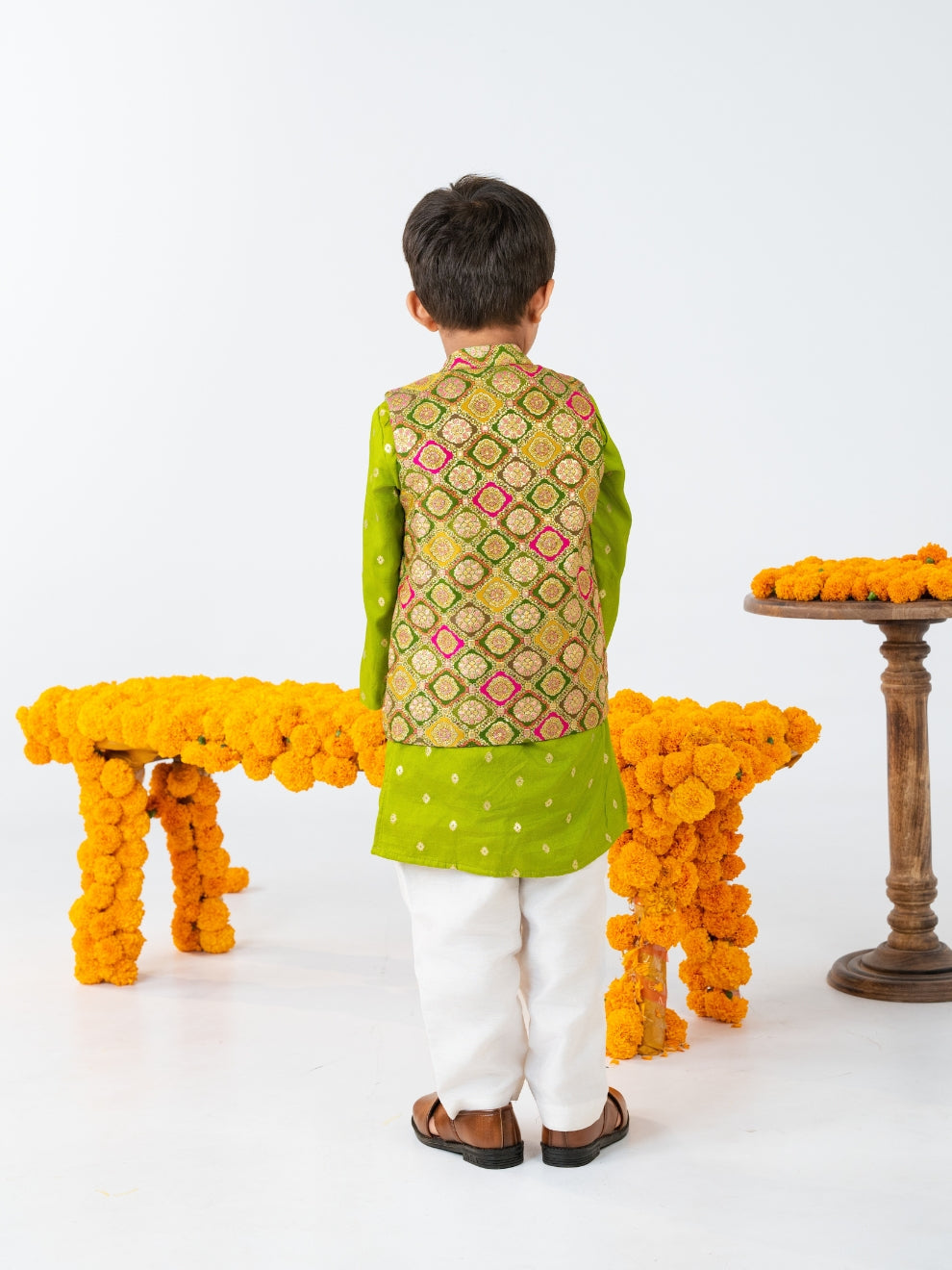 Boy's Green Kurta set with Jacket (Set of 3)