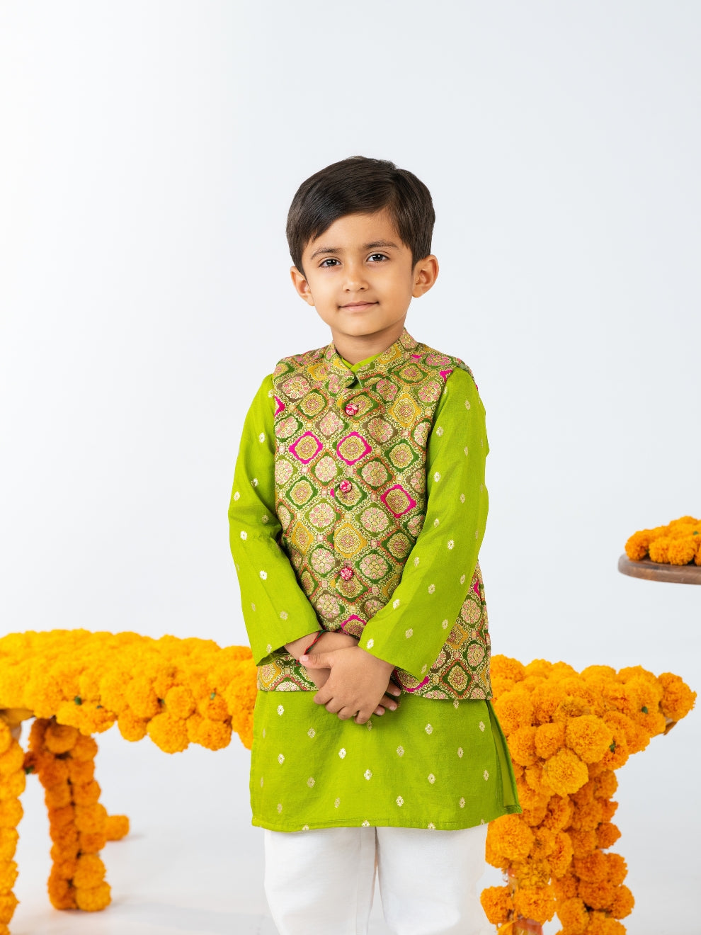 Boy's Green Kurta set with Jacket (Set of 3)