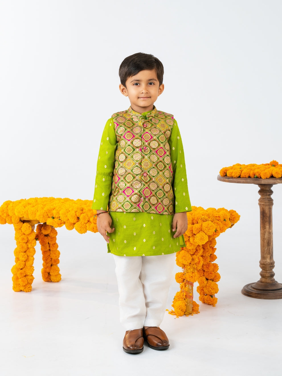 Boy's Green Kurta set with Jacket (Set of 3)