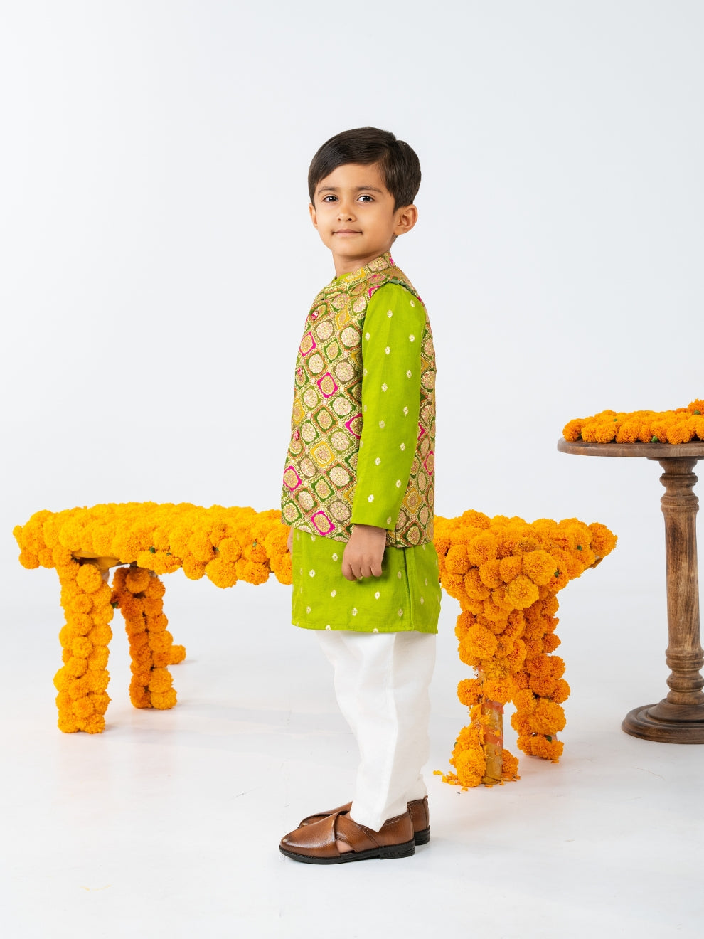 Boy's Green Kurta set with Jacket (Set of 3)