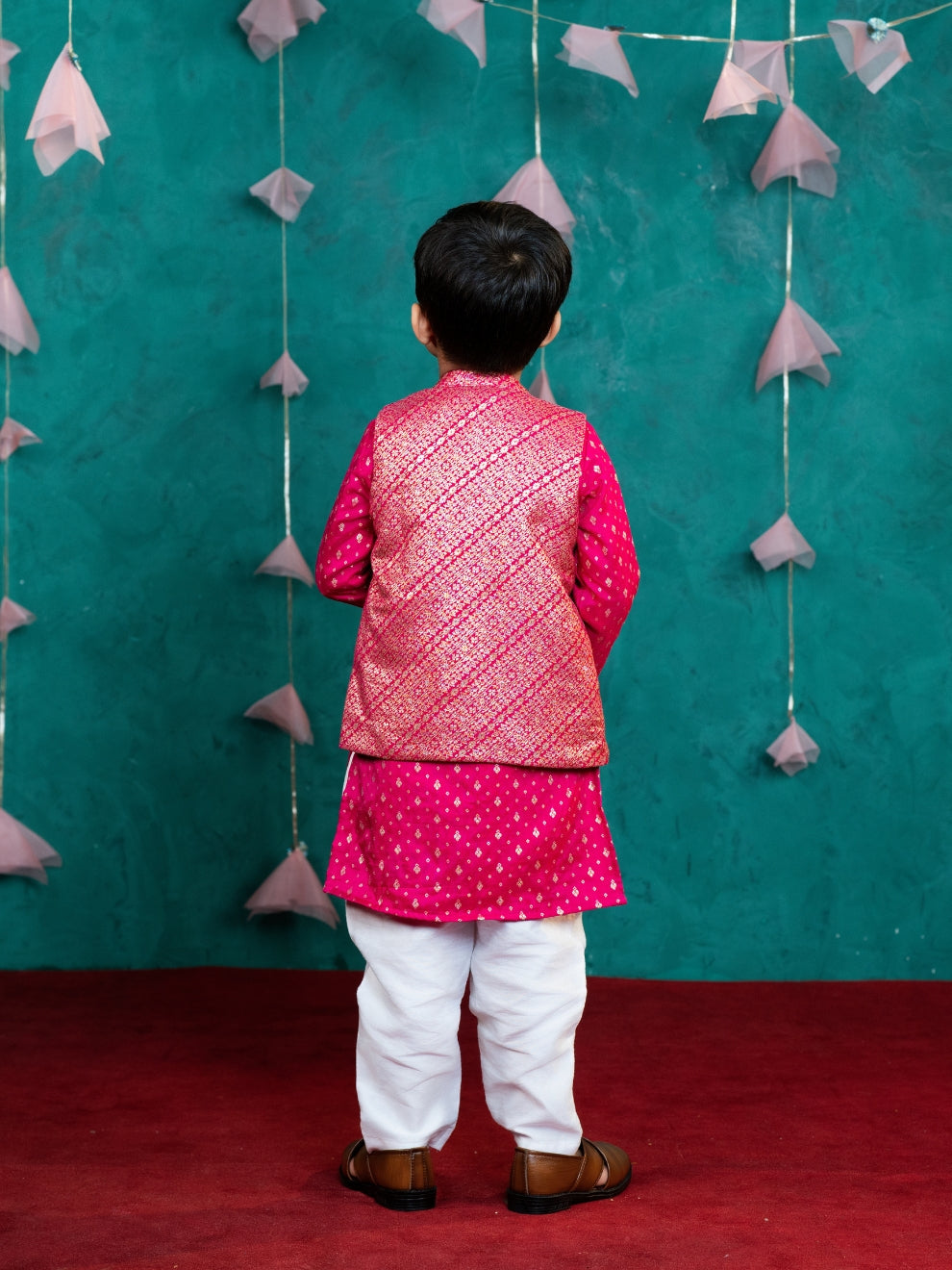 Boy's Pink Kurta Set with Jacket (Set of 3)